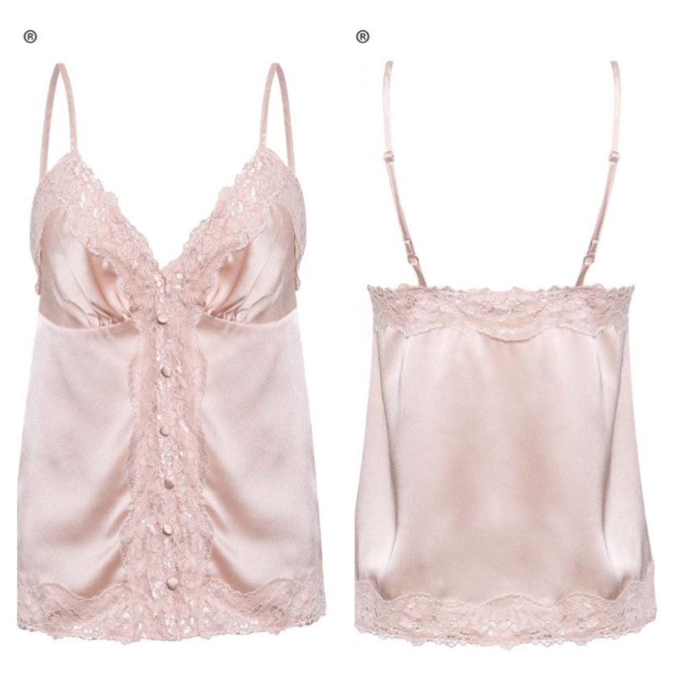 Lace Detail Satin Pink Button Up Cami Top - Picture 5 of 8
